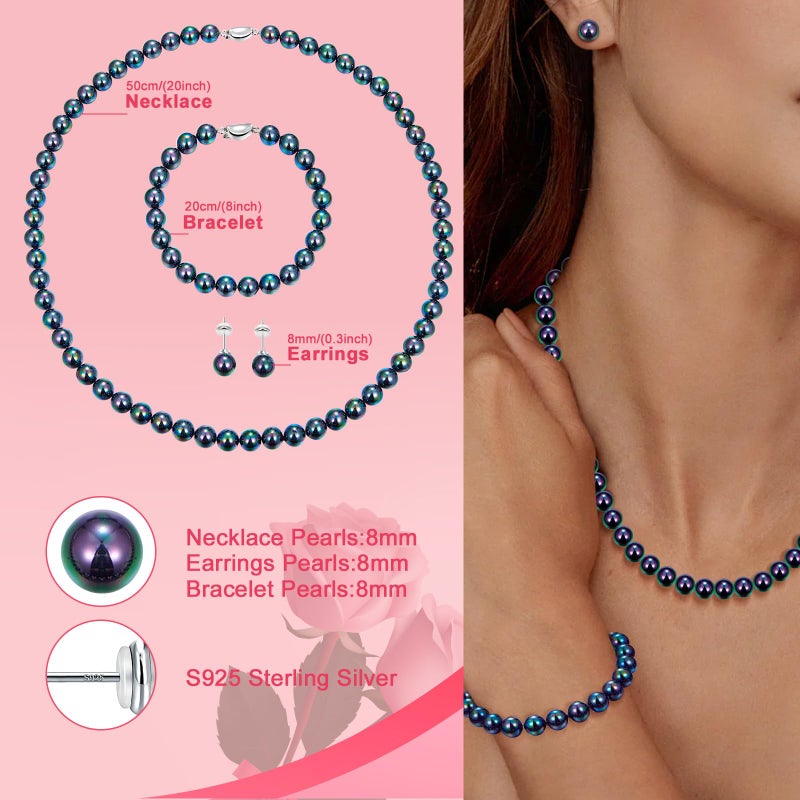 LOIPURI Black Pearl Necklace and Stud Earring Set Include Bracelet, Pearl Set Jewelry for Women with Preserved Rose Box Valentine's Day Gift - Image 3