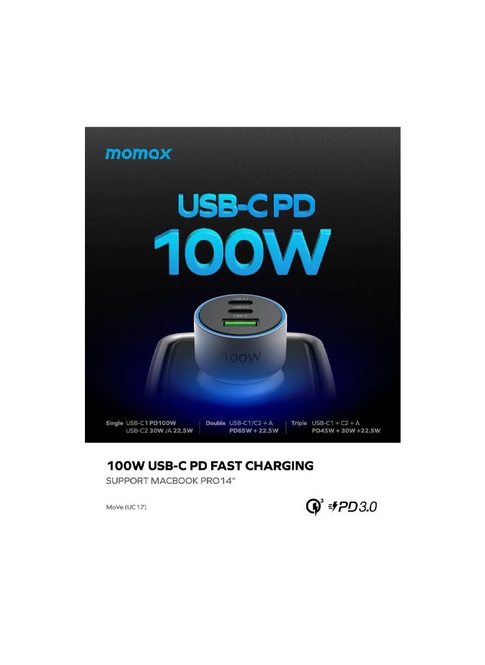 Momax - MOMAX UC17E MoVe 100W 3-Port Car Charger – High-Speed USB-C & USB-A Fast Charging Adapter for Laptops, Tablets & Smartphones (Grey) - Image 1