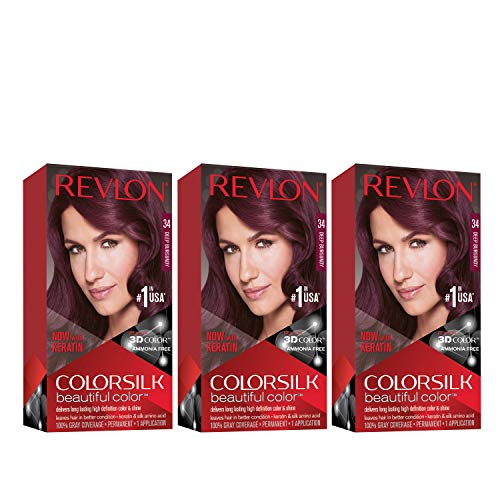Revlon Permanent Hair Color Permanent Hair Dye Colorsilk with 100 Gray Coverage AmmoniaFree Keratin and Amino Acids 34 Deep Burgandy 44 Oz Pack of 3 - Image 1