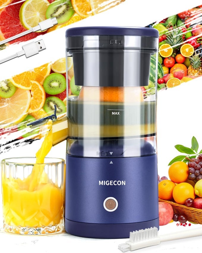 ELECTRIC JUICER RECHARGEABLE CITRUS JUICER MACHINE WITH USB AND PORTABLE JUICER ANTIDRIP FUNCTION JUICER FOR ORANGE LEMON GRAPEFRUIT INCLUDE CLEANING BRUSH DARK BLUE