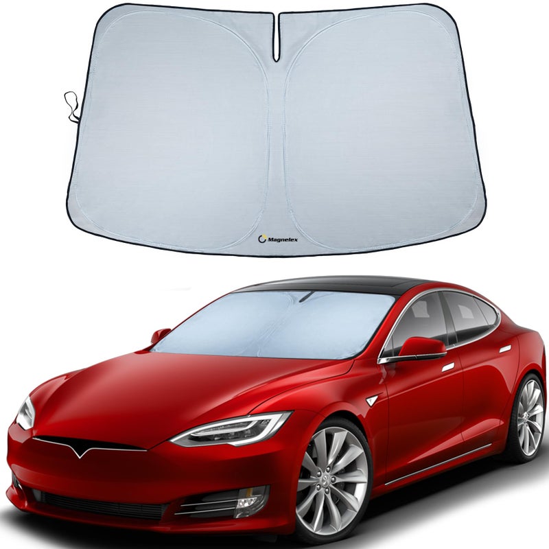 Magnelex Tesla Windshield Sunshade for Model S Reflective 240T Material Car Sun Visor with Mirror CutOut Tesla Model S Sunshade Foldable Sun Shield for Sun Heat and UV Protection