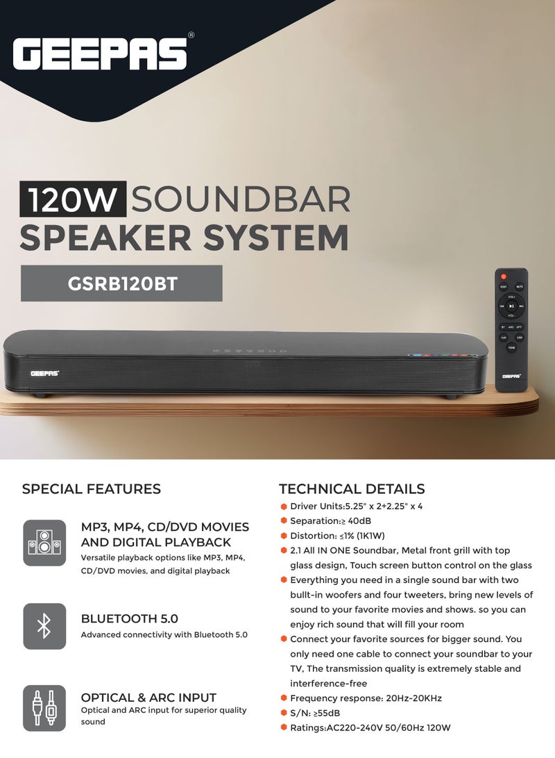 GEEPAS Portable SoundBar 120W | Bluetooth 5.0 | Optical & ARC Input | Connect To TV, Mobile, Laptop & More | GSRB120BT Black - Image 2