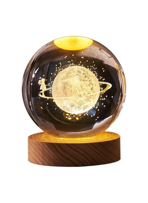 3D Crystal Ball Night Light, 6 cm Moon Glass Ball Night Lamp with Wooden Base, USB Snow Globe, Decoration, Whale, Saturn, Solar System, Rechargeable Night Light, Gifts for Children, Men, Women