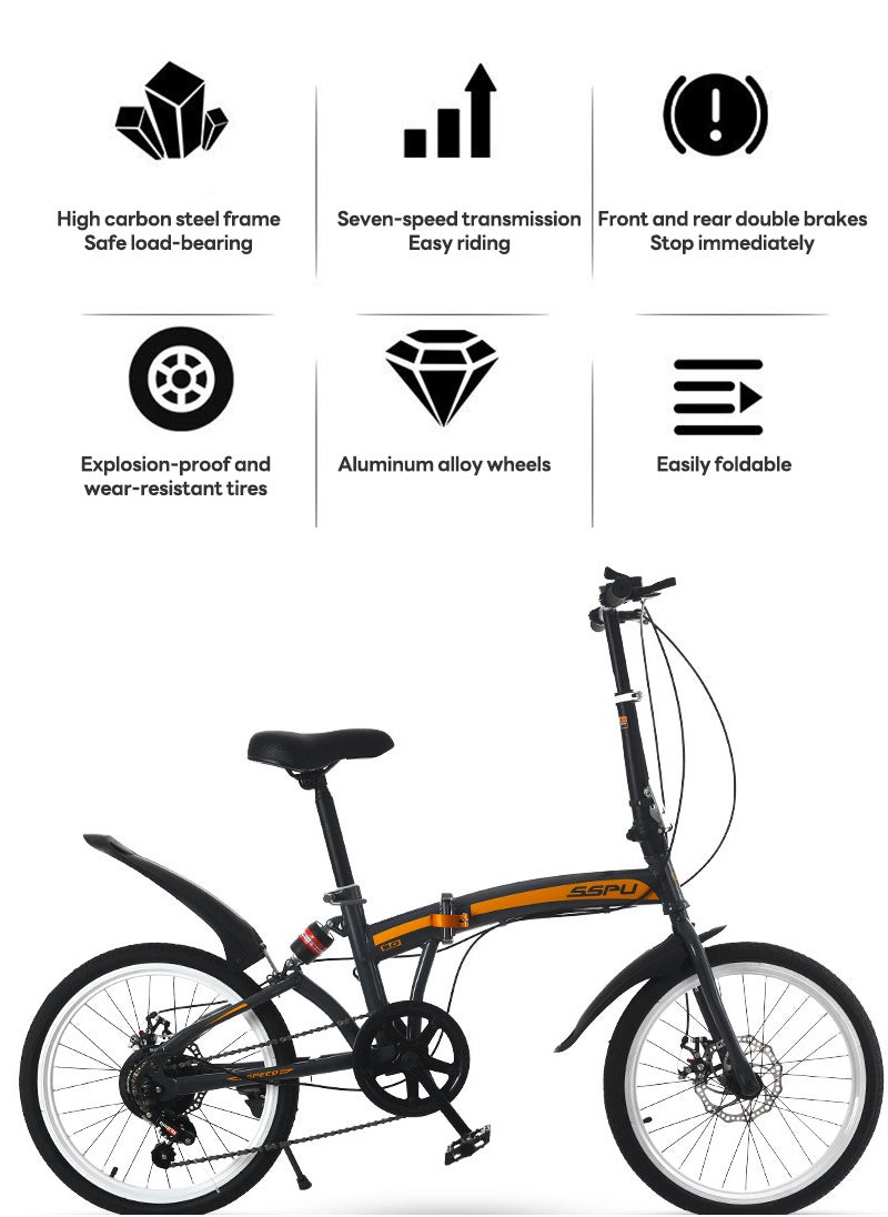 Sharpdo - 20in Folding Bike, 7 Speed Foldable City Bike, Carbon Steel Bicycle for Adults, Foldable Bicycle with Adjustable Seats & Disc Brake for Traveling & Exercising - Image 1