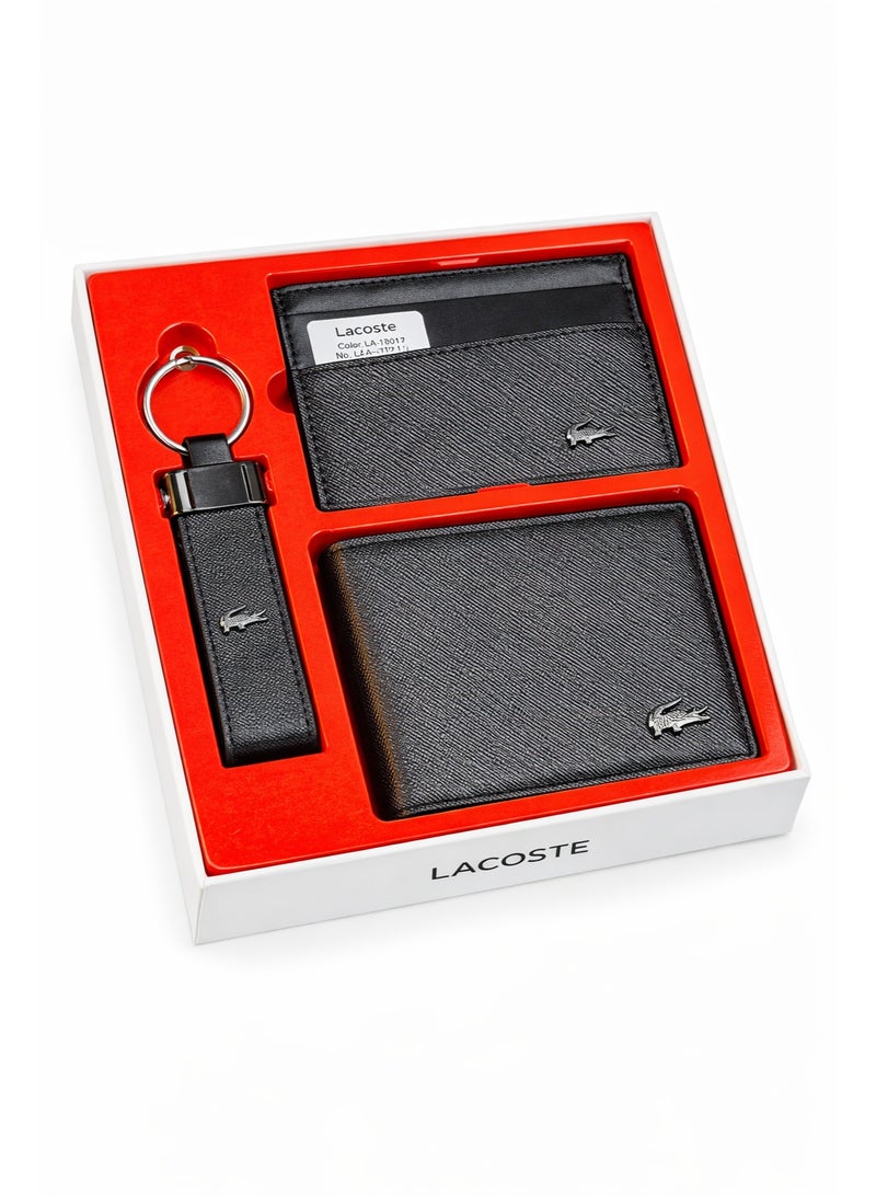 طقم هدايا رجالي من لاكوست – محفظة جلد + حامل كروت + ميدالية مفاتيح – أسود