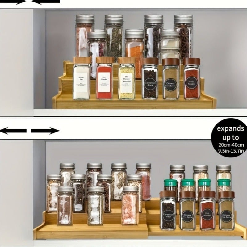 High-Quality 3-Tier Spice Rack, Expandable, 100% Bamboo, Ultra-Practical Kitchen Spice Rack. 3-Tier Storage Rack, Display Rack, Cosmetics Organizer. Multifunctional And Versatile, Suitable for Kitchen, Dining Room, Bedroom Scenes, Home Gift - Image 4