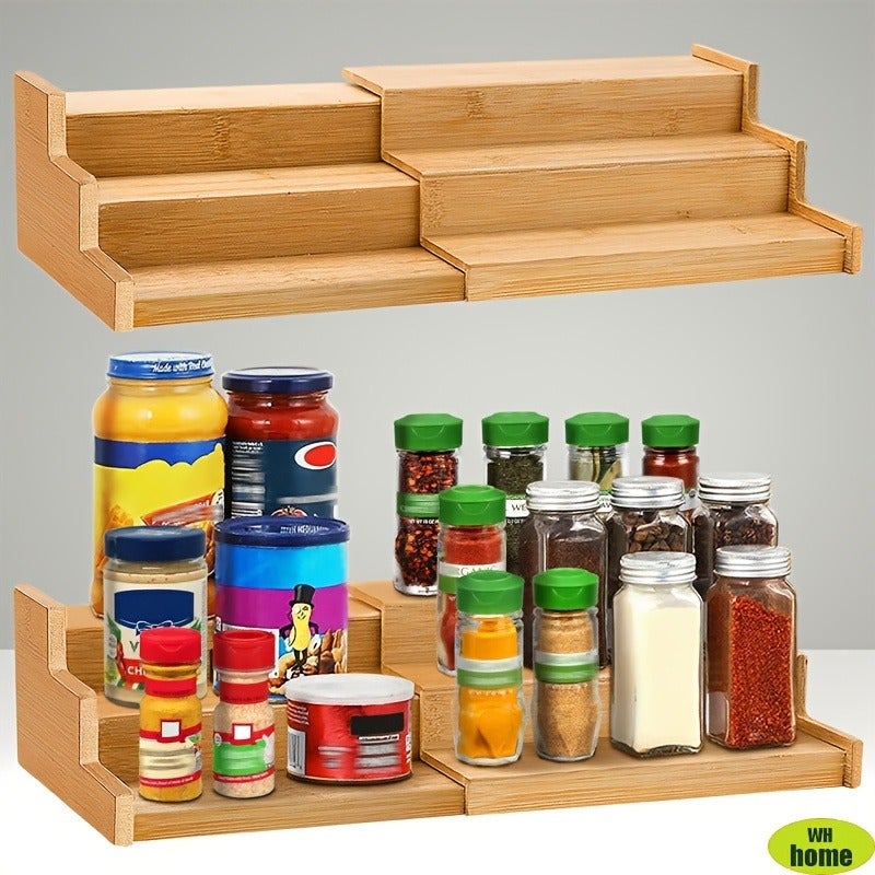 High-Quality 3-Tier Spice Rack, Expandable, 100% Bamboo, Ultra-Practical Kitchen Spice Rack. 3-Tier Storage Rack, Display Rack, Cosmetics Organizer. Multifunctional And Versatile, Suitable for Kitchen, Dining Room, Bedroom Scenes, Home Gift - Image 2