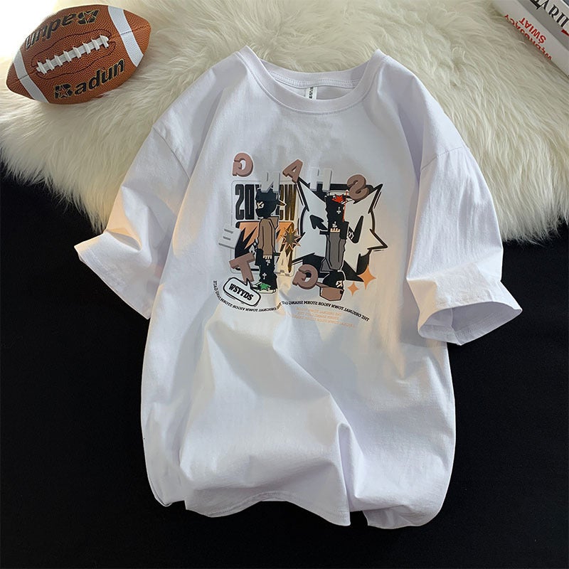 Summer short-sleeved T-shirt men's round neck pullover printed casual fashion brand all-match cotton Youth student sports T-shirt - Image 1