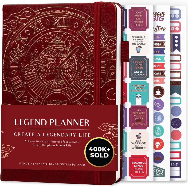 Legend Planner مخطط الأسطورة – مخطط الحياة الفاخر الأسبوعي والشهري لتحقيق أهدافك والعيش بسعادة. دفتر منظم ومجلة إنتاجية. غلاف صلب بحجم A5، غير مؤرخ – ابدأ في أي وقت + ملصقات – أحمر نبيذي ذهبي - Image 1