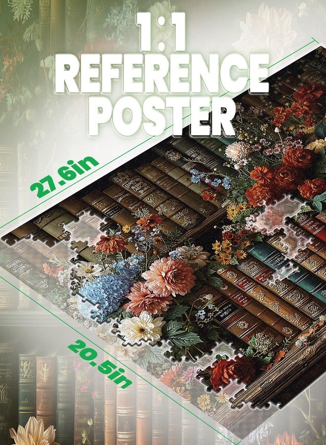 lamplig Puzzles for Adults 1000 Pieces, Vintage Book Flower Bookshelf Library, Nature 1000 Piece Puzzle for Adults Seniors, Antique Hard Jigsaw Puzzles with Letters on Back, 1:1 Poster - Image 3