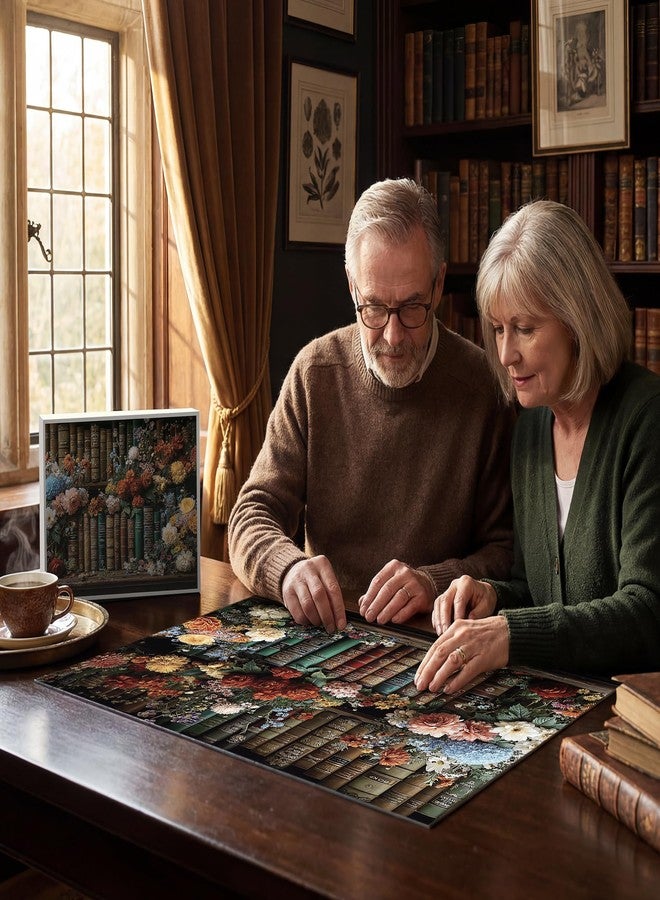 lamplig Puzzles for Adults 1000 Pieces, Vintage Book Flower Bookshelf Library, Nature 1000 Piece Puzzle for Adults Seniors, Antique Hard Jigsaw Puzzles with Letters on Back, 1:1 Poster - Image 5