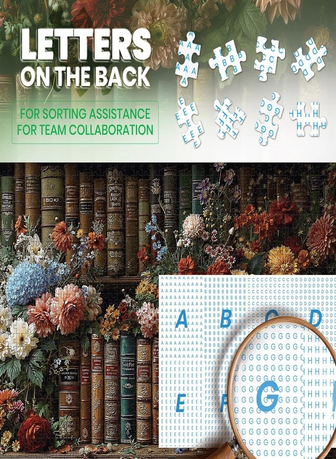 lamplig Puzzles for Adults 1000 Pieces, Vintage Book Flower Bookshelf Library, Nature 1000 Piece Puzzle for Adults Seniors, Antique Hard Jigsaw Puzzles with Letters on Back, 1:1 Poster - Image 4