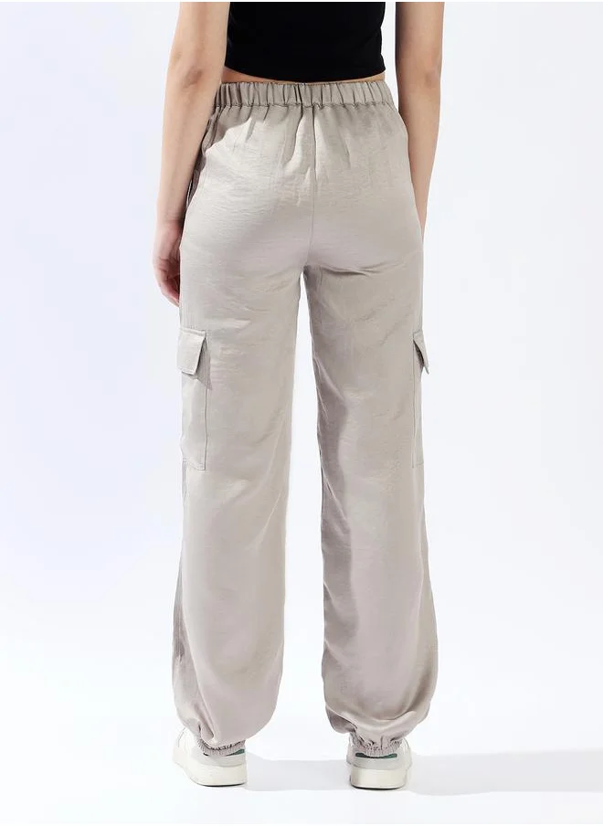 هاي ستار Women Trousers, Oversized, Solid, Light Grey, in 100% Polyester, Button closure, Woven weave, High-Rise waist, perfect for Casual. Step up your style today!