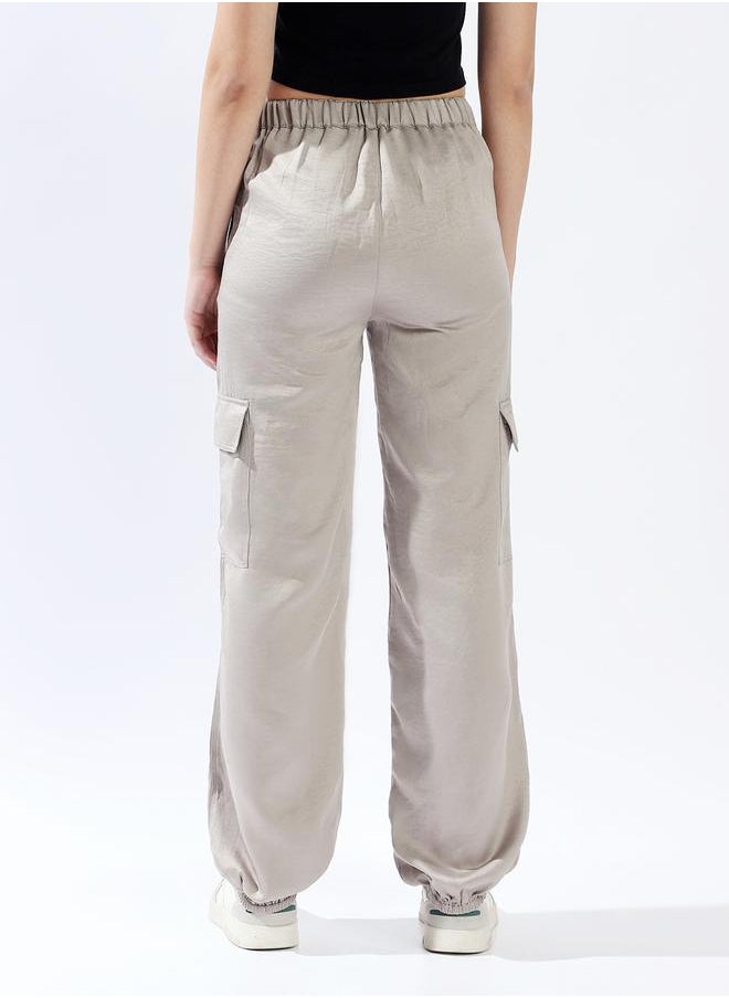 HIGH STAR - Women Relaxed Loose Fit High-Rise Cargo Textured Satin Jogger Trousers - Image 1