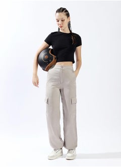 HIGH STAR Women Trousers, Oversized, Solid, Light Grey, in 100% Polyester, Button closure, Woven weave, High-Rise waist, perfect for Casual. Step up your style today!  - Image 1
