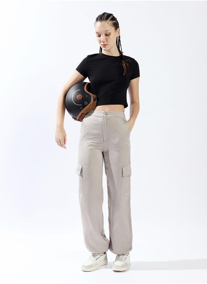 HIGH STAR Women Relaxed Loose Fit High-Rise Cargo Textured Satin Jogger Trousers  - Image 1