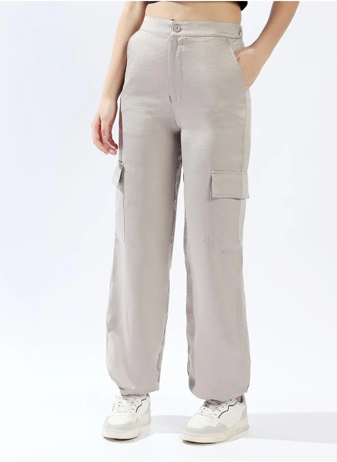 هاي ستار Women Trousers, Oversized, Solid, Light Grey, in 100% Polyester, Button closure, Woven weave, High-Rise waist, perfect for Casual. Step up your style today!