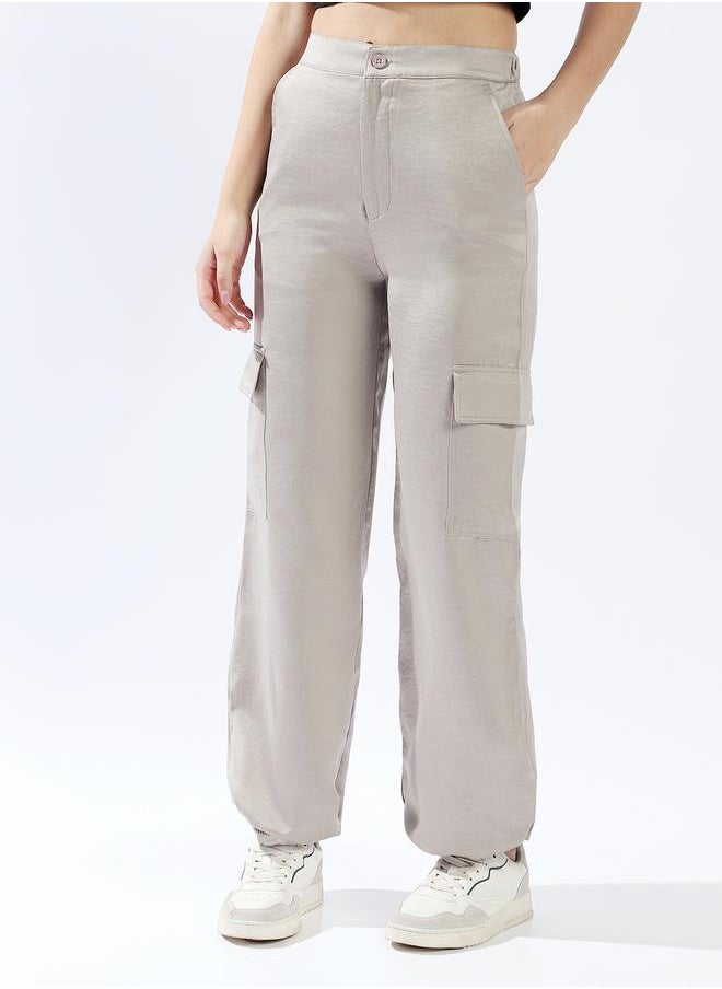 HIGH STAR Women Relaxed Loose Fit High-Rise Cargo Textured Satin Jogger Trousers  - Image 3