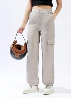 HIGH STAR Women Trousers, Oversized, Solid, Light Grey, in 100% Polyester, Button closure, Woven weave, High-Rise waist, perfect for Casual. Step up your style today!  - Image 2