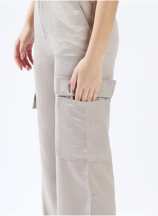 HIGH STAR - Women Relaxed Loose Fit High-Rise Cargo Textured Satin Jogger Trousers - Image 1