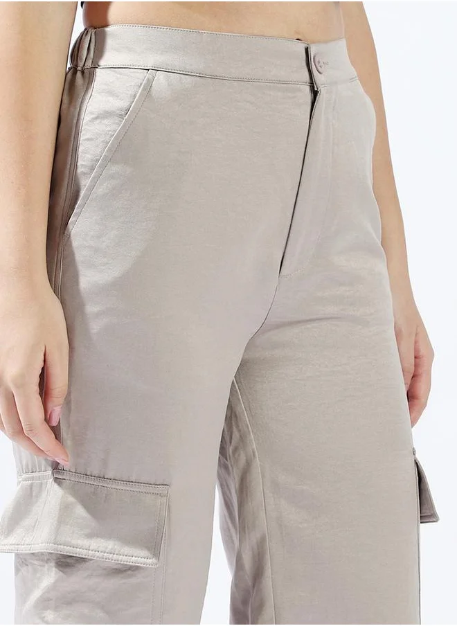 هاي ستار Women Trousers, Oversized, Solid, Light Grey, in 100% Polyester, Button closure, Woven weave, High-Rise waist, perfect for Casual. Step up your style today!