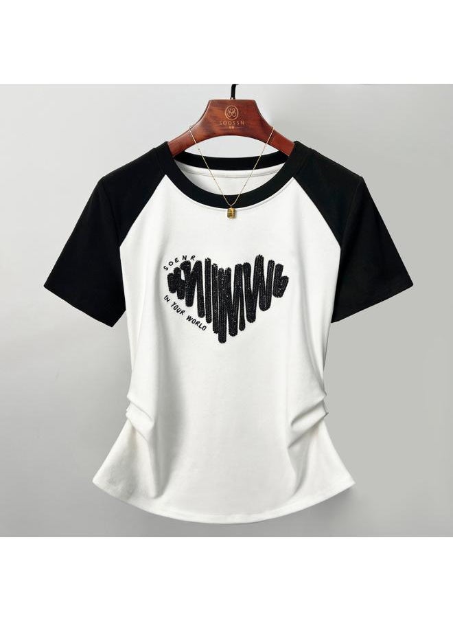 Generic - Women's Wear Blouse With Wool And Velvet Niche Design Sense Black And White Contrast Color Long-sleeved Base Shirt Spring And Summer Shoulder Sleeve T-shirt For Women - Image 1