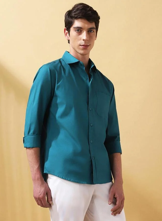 Dennis Lingo Men Green Regular Fit Spread Collar Shirt