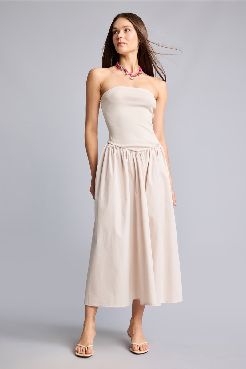 DeFacto Beige Woman Strapless Poplin Midi Dress Casual - Image 2