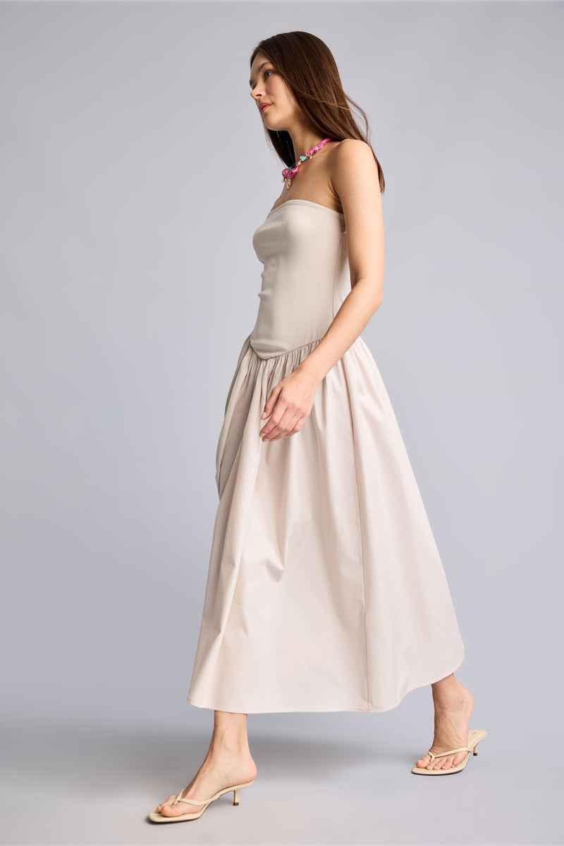 DeFacto Beige Woman Strapless Poplin Midi Dress Casual - Image 1