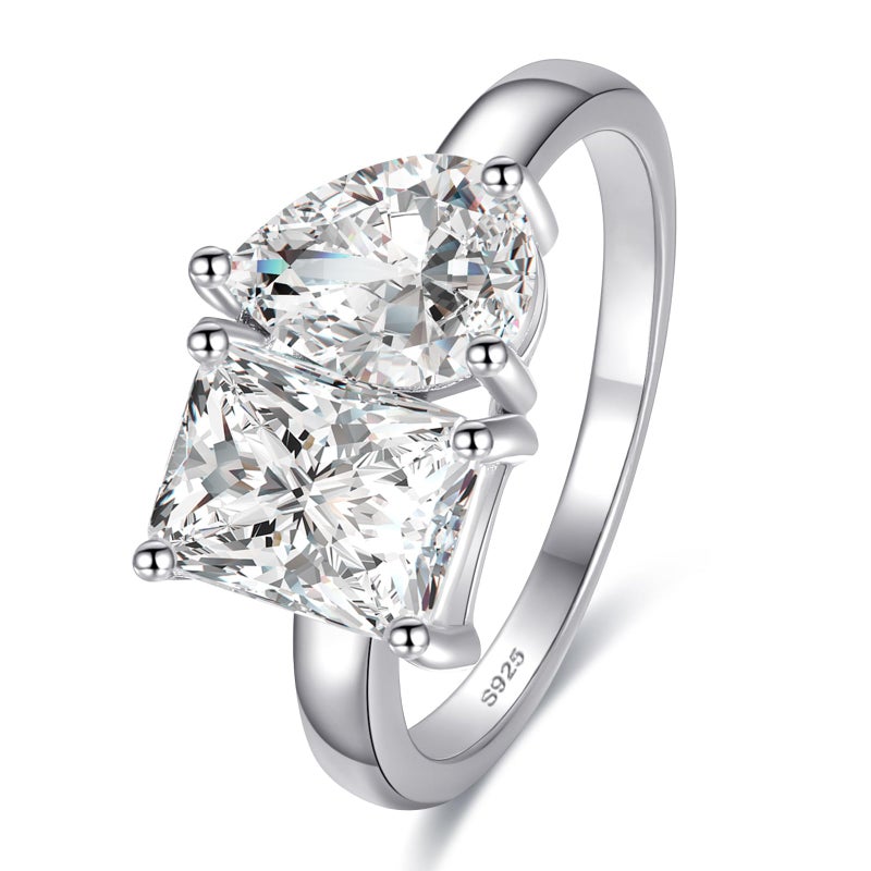 Yaresul Toi Et Moi Ring 925 Sterling Silver Women Engagement Ring White Gold Plated 1.5ct 6x8mm Double Stone Ring Emerald & Pear Cut Cubic Zirconia Wedding Band Width Band 2mm Size 8 - Image 1
