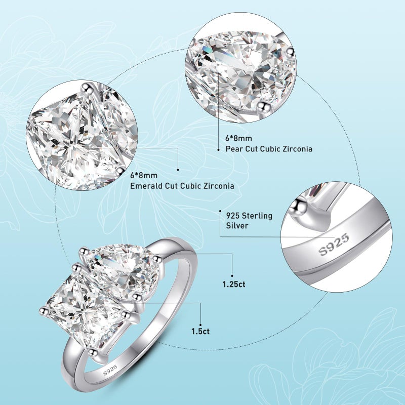 Yaresul Toi Et Moi Ring 925 Sterling Silver Women Engagement Ring White Gold Plated 1.5ct 6x8mm Double Stone Ring Emerald & Pear Cut Cubic Zirconia Wedding Band Width Band 2mm Size 8 - Image 3