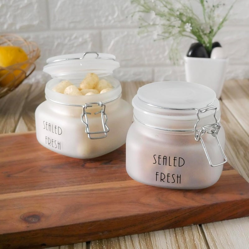 Femora Femora Frost Square Glass Jars for Kitchen Kitchen Storage Jars Stainless Steel Airtight Lids 1 Year Warranty Airtight Jars for Snacks Fry Food Masala Spice Pickle Cookies 500ml Set of 4 - Image 1