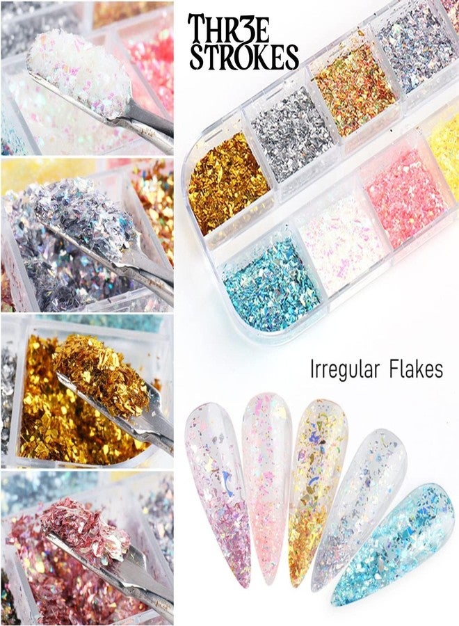 THR3E STROKES 2 Colors Glitter Nail Art Sequins, Holographic Irregular Iridescent Shiny Nail Flakes Decorations 3D Ultra-Thin Powder Nail Art Design for Women Manicure Sparkly Acrylic Supplies, Resin Nail Art Tips (D36) - Image 3