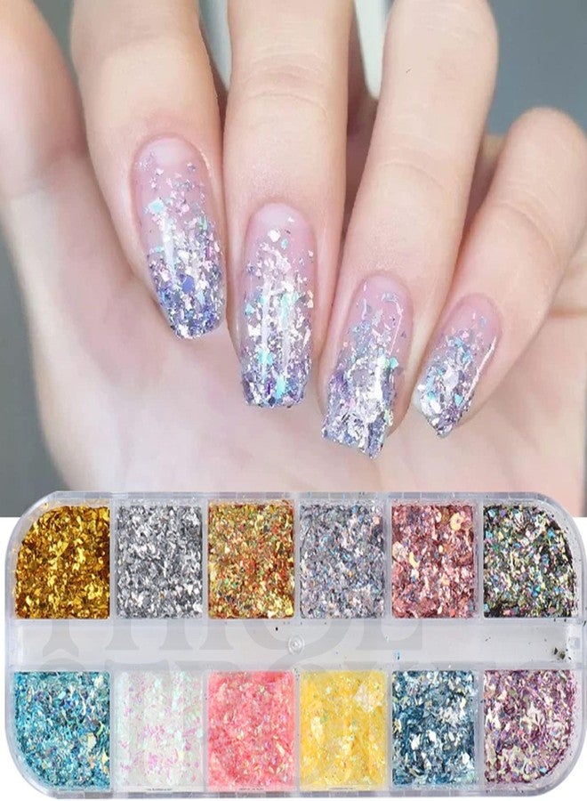 THR3E STROKES 2 Colors Glitter Nail Art Sequins, Holographic Irregular Iridescent Shiny Nail Flakes Decorations 3D Ultra-Thin Powder Nail Art Design for Women Manicure Sparkly Acrylic Supplies, Resin Nail Art Tips (D36) - Image 1