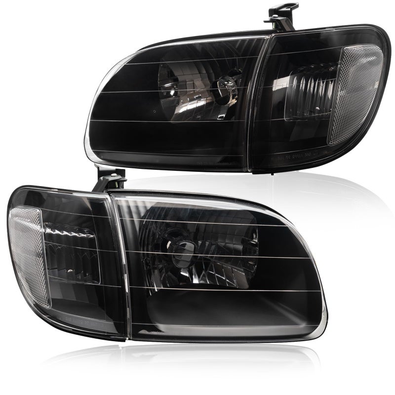 APSVE 4Pcs Black Clear Lens Headlights + Parking Lights Corner Lamps Assembly Fits 2000 2001 2002 2003 2004 Toyota Tundra Regula/Access Cab Halogen Head Lights L+ R, Replace# TO2530135, TO2531135 - Image 1