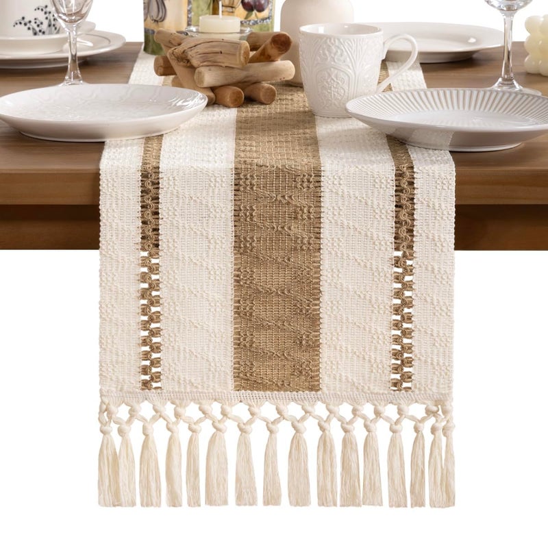 MLMW Boho Table Runner 36 inches Small Coffee Table Runner Rustic Burlap Macrame Jute Woven Table Decor Short Dresser Runners for Bedroom Living Room Home Decor - Image 1