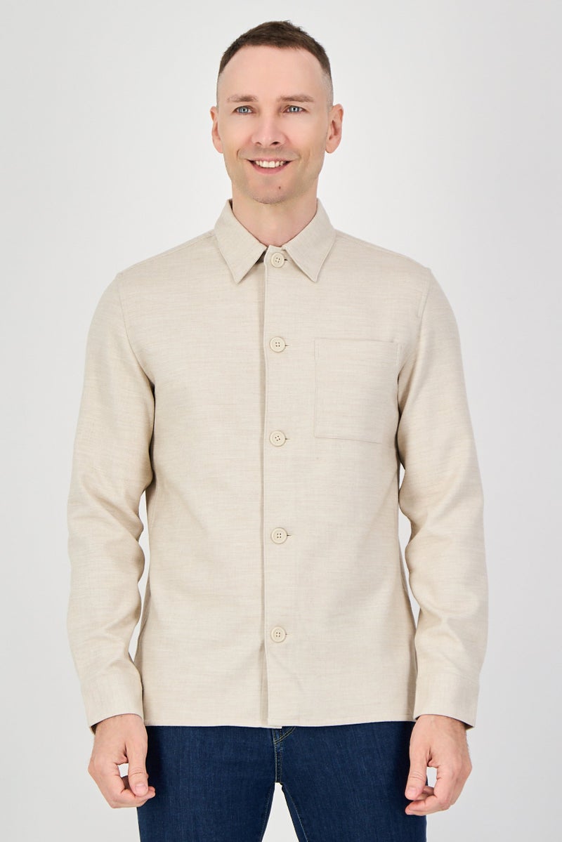 Celio Men Regular Fit Plain Long Sleeve Casual Shirt, Beige - Image 1