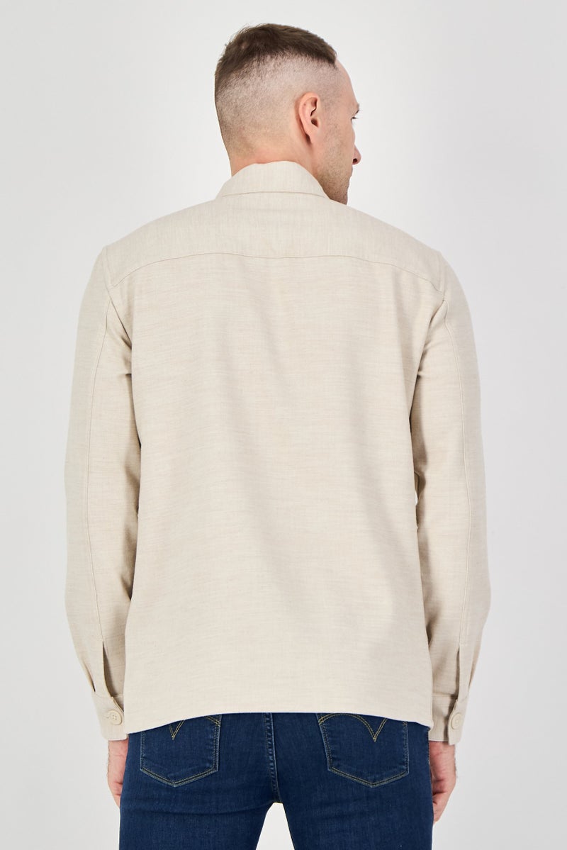 Celio Men Regular Fit Plain Long Sleeve Casual Shirt, Beige - Image 3