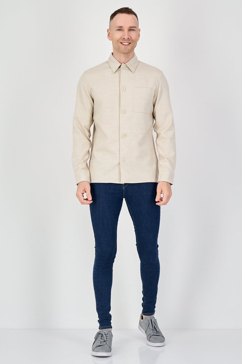 Celio Men Regular Fit Plain Long Sleeve Casual Shirt, Beige - Image 4