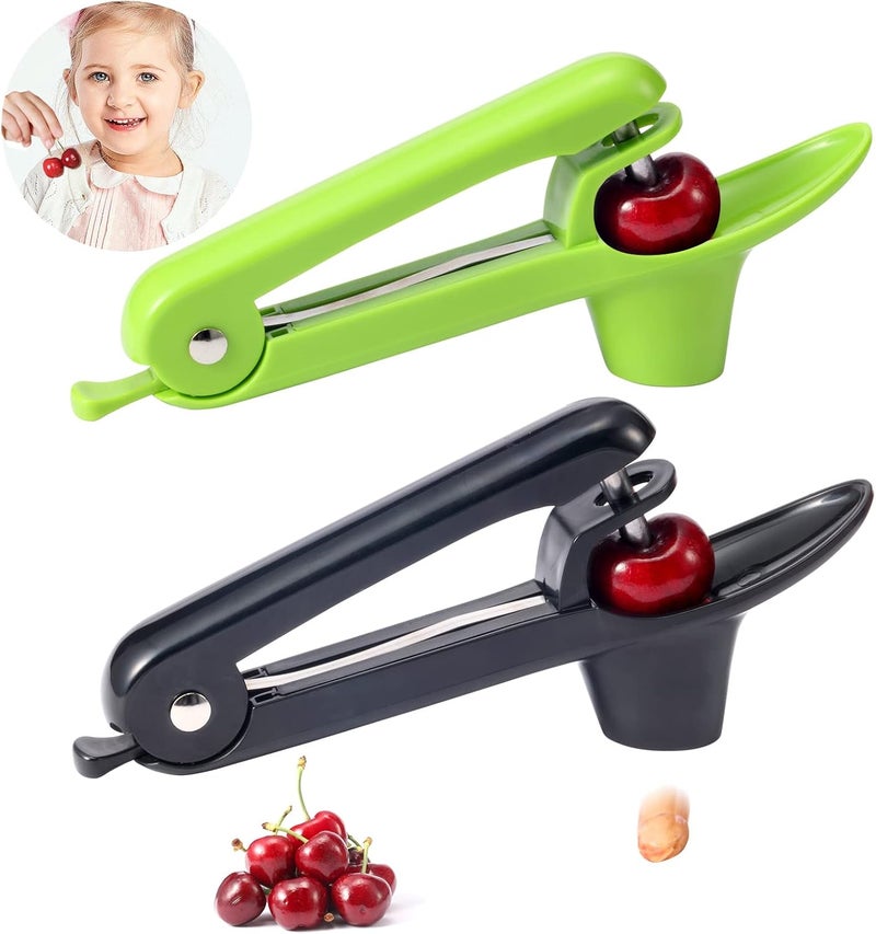 KABUDA 2 Packs Cherry Pitter Tools, Cherry Seed Core Remover Olives Pitter Tool, Stainless Steel Cherries Corer with Space-Saving Lock Design (Black & Green) - Image 1