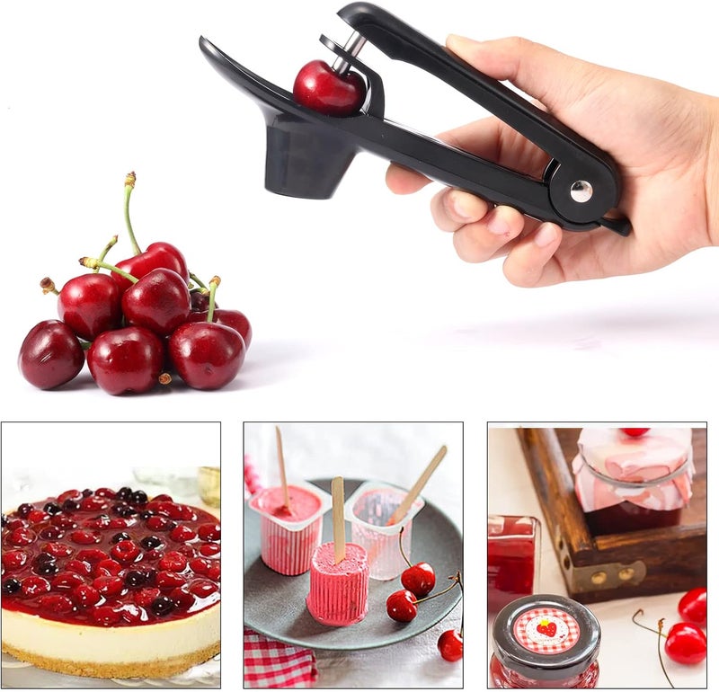 KABUDA 2 Packs Cherry Pitter Tools, Cherry Seed Core Remover Olives Pitter Tool, Stainless Steel Cherries Corer with Space-Saving Lock Design (Black & Green) - Image 2