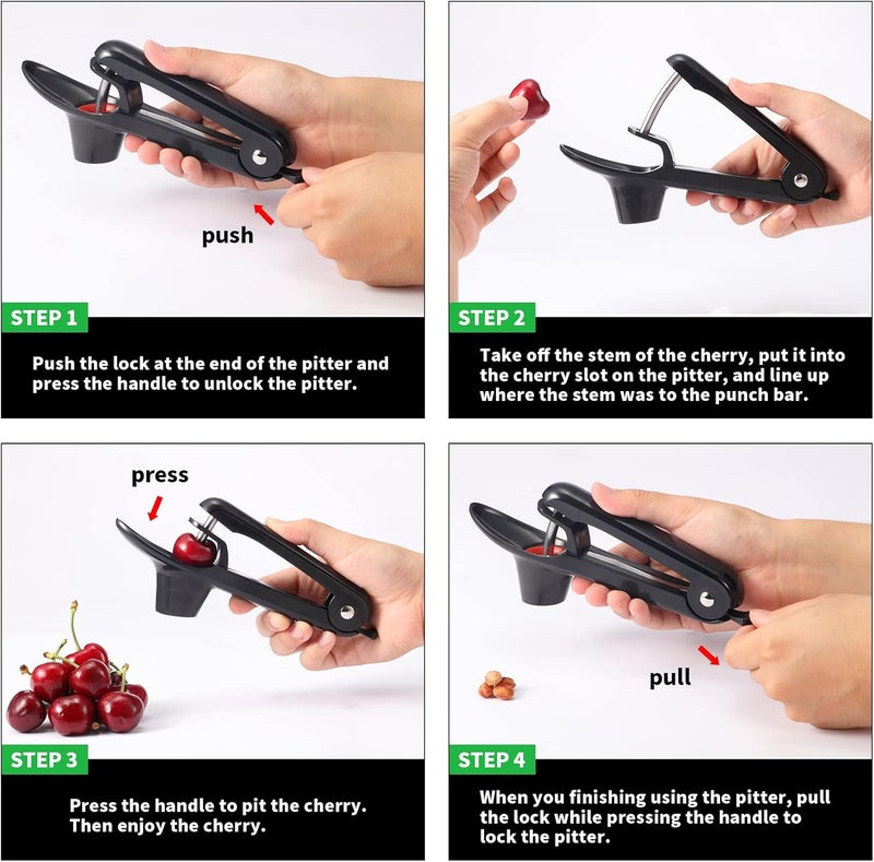 KABUDA 2 Packs Cherry Pitter Tools, Cherry Seed Core Remover Olives Pitter Tool, Stainless Steel Cherries Corer with Space-Saving Lock Design (Black & Green) - Image 4