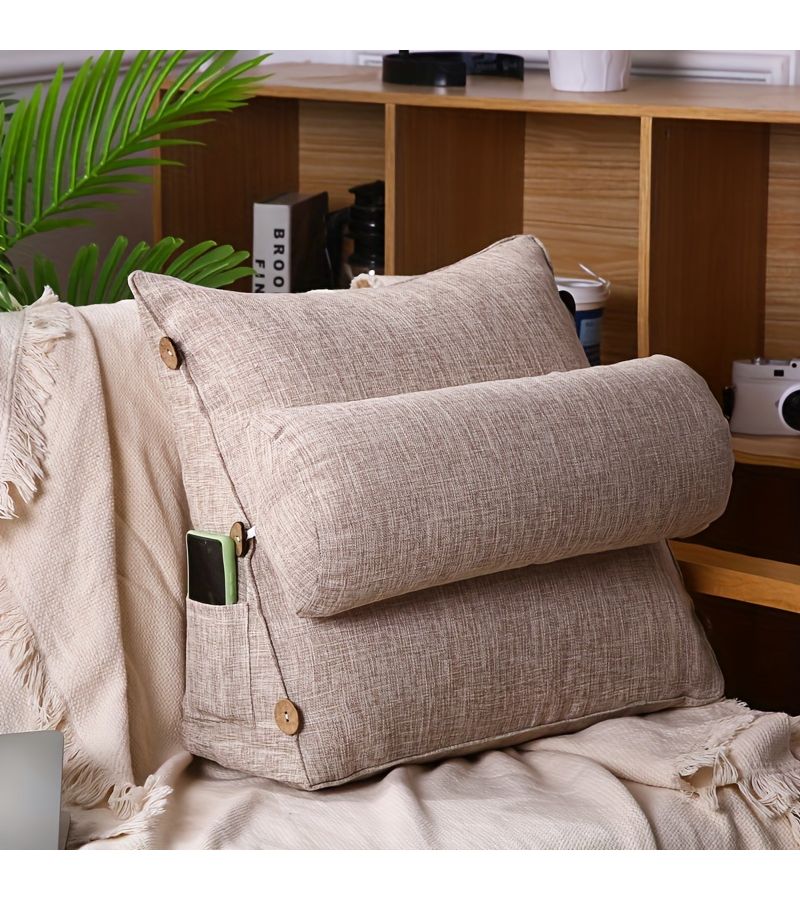 1pc Cotton And Linen Reading Pillow Linen Color 17.72x17.72inch Thickened Multifunctional Adjustable Lumbar Support Backrest Bedroom Living Room Home Decor Headboard Bedside Balcony Dorm Tatami Floor Pillow For Neck And Waist Support Pregnant Women - Image 2