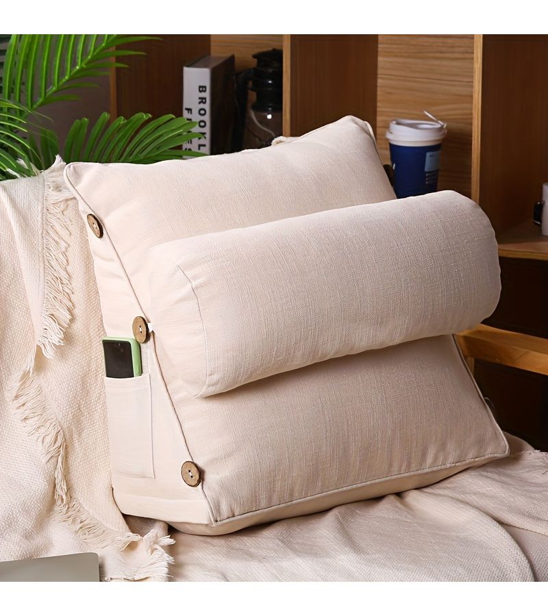 1pc Cotton And Linen Reading Pillow Linen Color 17.72x17.72inch Thickened Multifunctional Adjustable Lumbar Support Backrest Bedroom Living Room Home Decor Headboard Bedside Balcony Dorm Tatami Floor Pillow For Neck And Waist Support Pregnant Women - Image 1