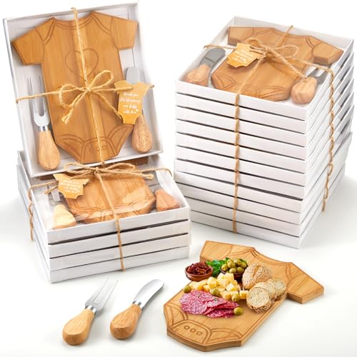 Ziliny 12 Set Baby Shower Gifts for Guests Clothing Shaped Charcuterie Board Set Thank You Tags with Box Mini Cheese Board Party Favors for Gender Reveal Favors Baby Shower Game Prizes Bamboo Color
