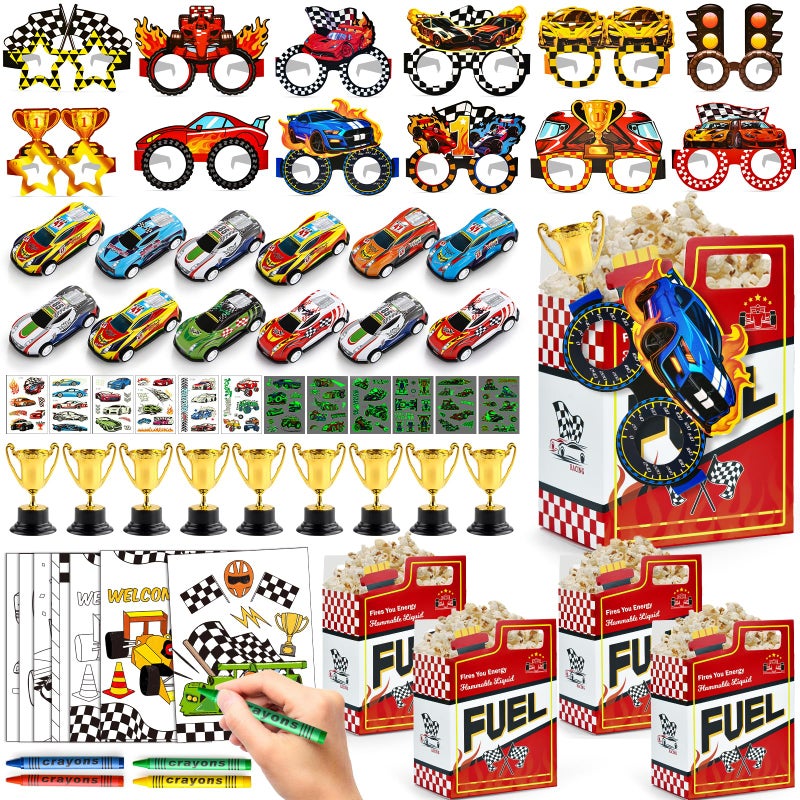 SNLN Race Car Party Favors Birthday Goodie Bags Supplies, Mini Race Car Trophy Cup Coloring Card with Crayon Gift Box Tattoo Sticker Paper Glasses, Boy Girl Kid Class Prize Racing Cars Birthday Decor - Image 1