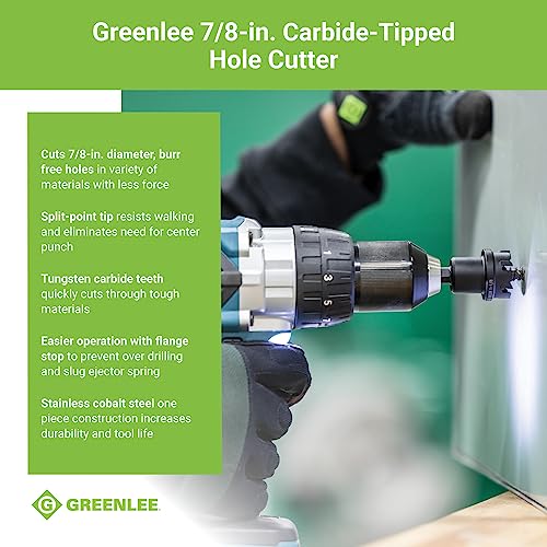Greenlee قاطع ثقوب من كربيد التنجستن بقطر 7/8" من جرينلي 625-7/8"، متين من قطعة واحدة ل conduit بقطر 1/2"، منشار ثقوب لقطع المعادن من الفولاذ المقاوم للصدأ بقطر 7/8" بأسنان كربيد التنجستن - Image 2