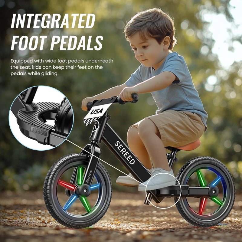 SEREED Toddler Balance Bike 2 Year Old, No Pedal Kids Bicycle Toys for 2-5 Years Old, Tool-Free Adjustment, Customize Plate with Stickers, Gift for 2-3 Boys Girls (Black Lighting) - Image 2