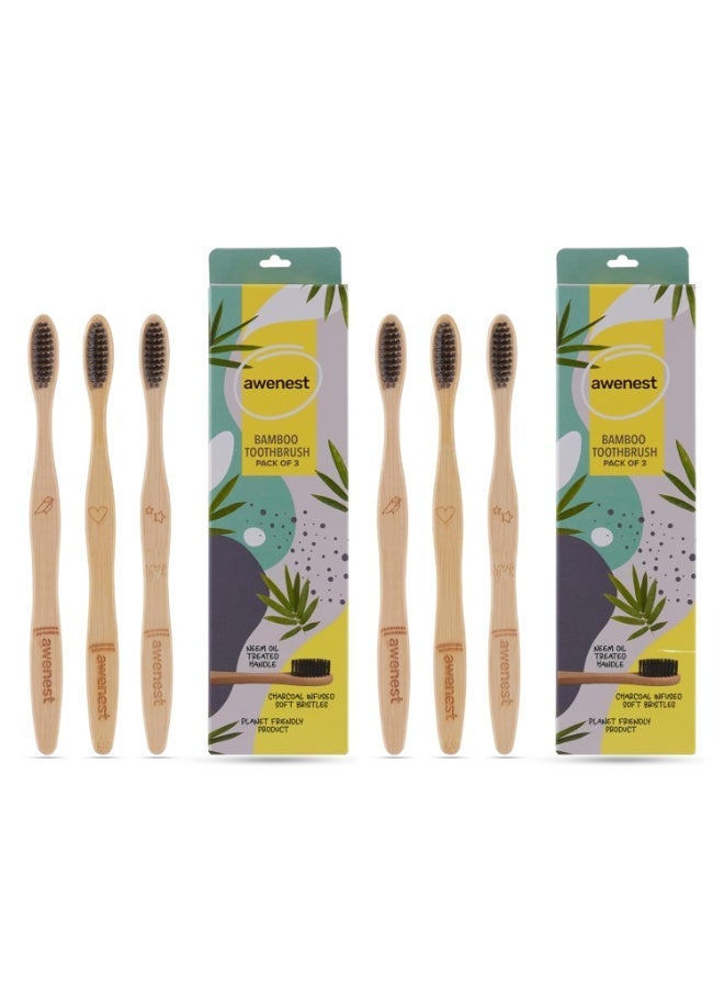 awenest Bamboo Toothbrush With Charcoal Activated Soft Bristles - Pack of 6 | Treated With Neem Oil | For Fungus Protection | Bpa Free, Biodegradable And Compostable Handle | Eco-friendly | - Image 1