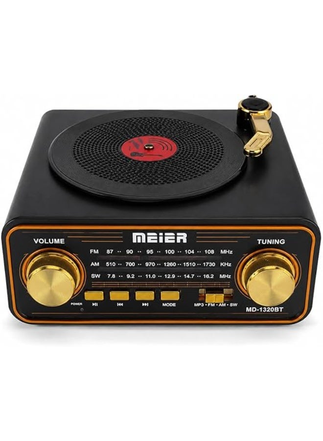 Meier Portable Vinyl Record Player with Bluetooth and Radio – Supports FM/AM/SW, USB, and TF – Premium Classic Black Design - Image 1